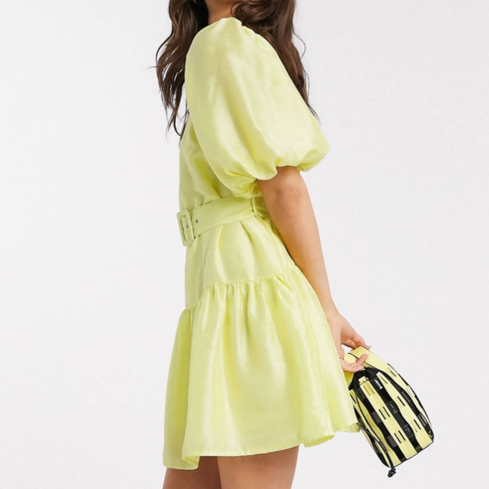 Vero Moda Pastel Yellow Puff Sleeve Belted Mini Dress